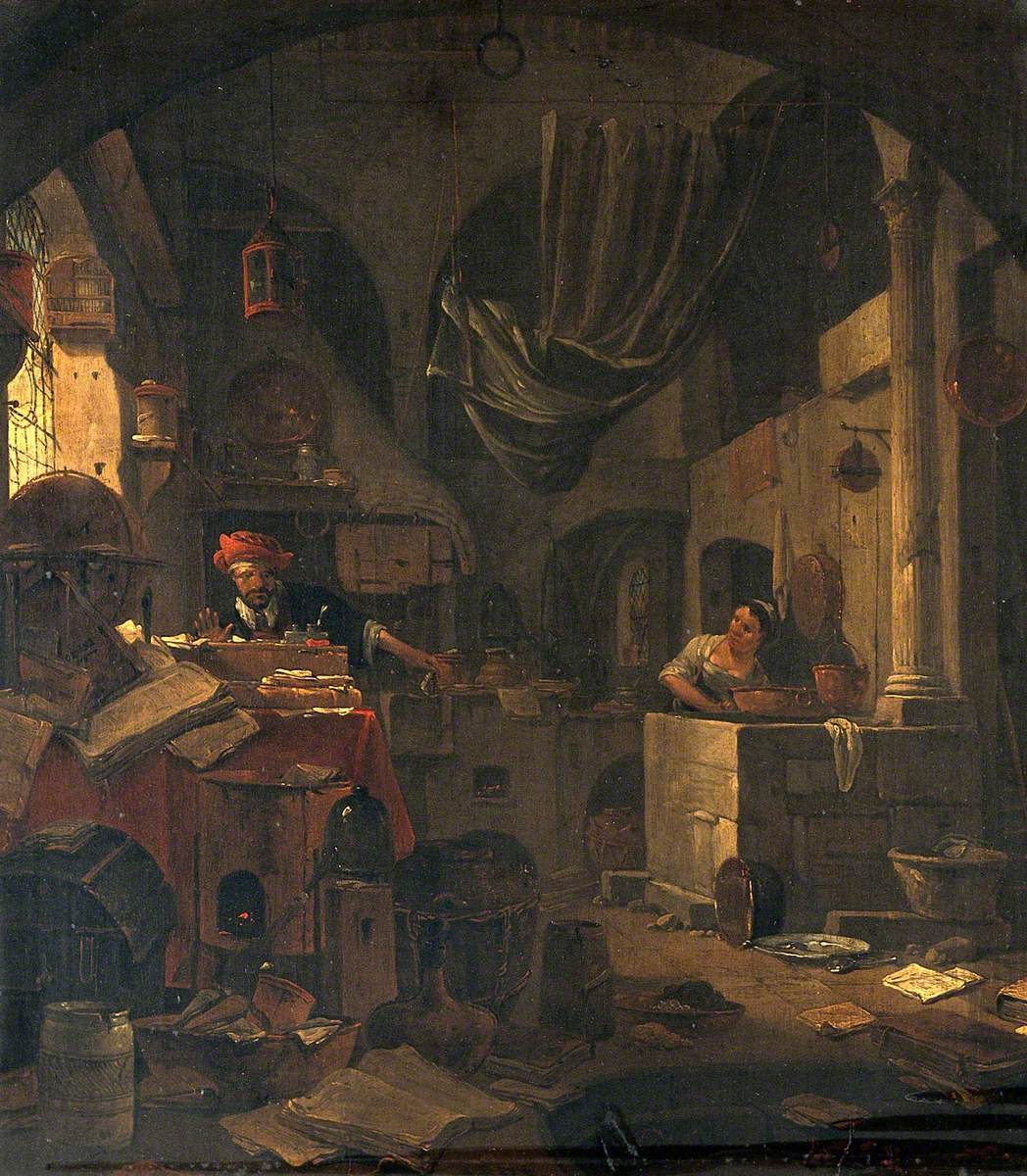 Interior with an Alchemist Making a Gesture of Surprise, and a Female Assistant