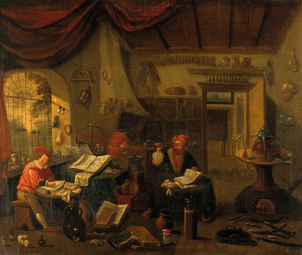 Two Scholars in a Cabinet: Paracelsus (?) and a Traditional Philosopher Examining a Flask