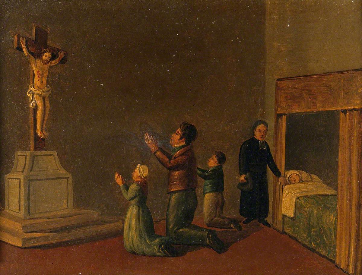 Votive Picture: Members of a Family Praying to Christ Crucified for the Health of a Relative in Bed