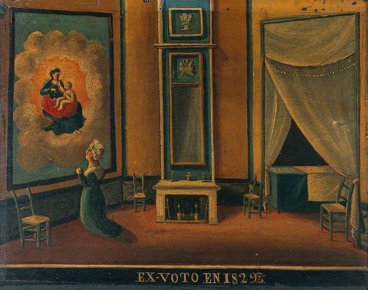 Votive Picture: A Woman Praying before a Painting or Tapestry of the Virgin and Child in Glory