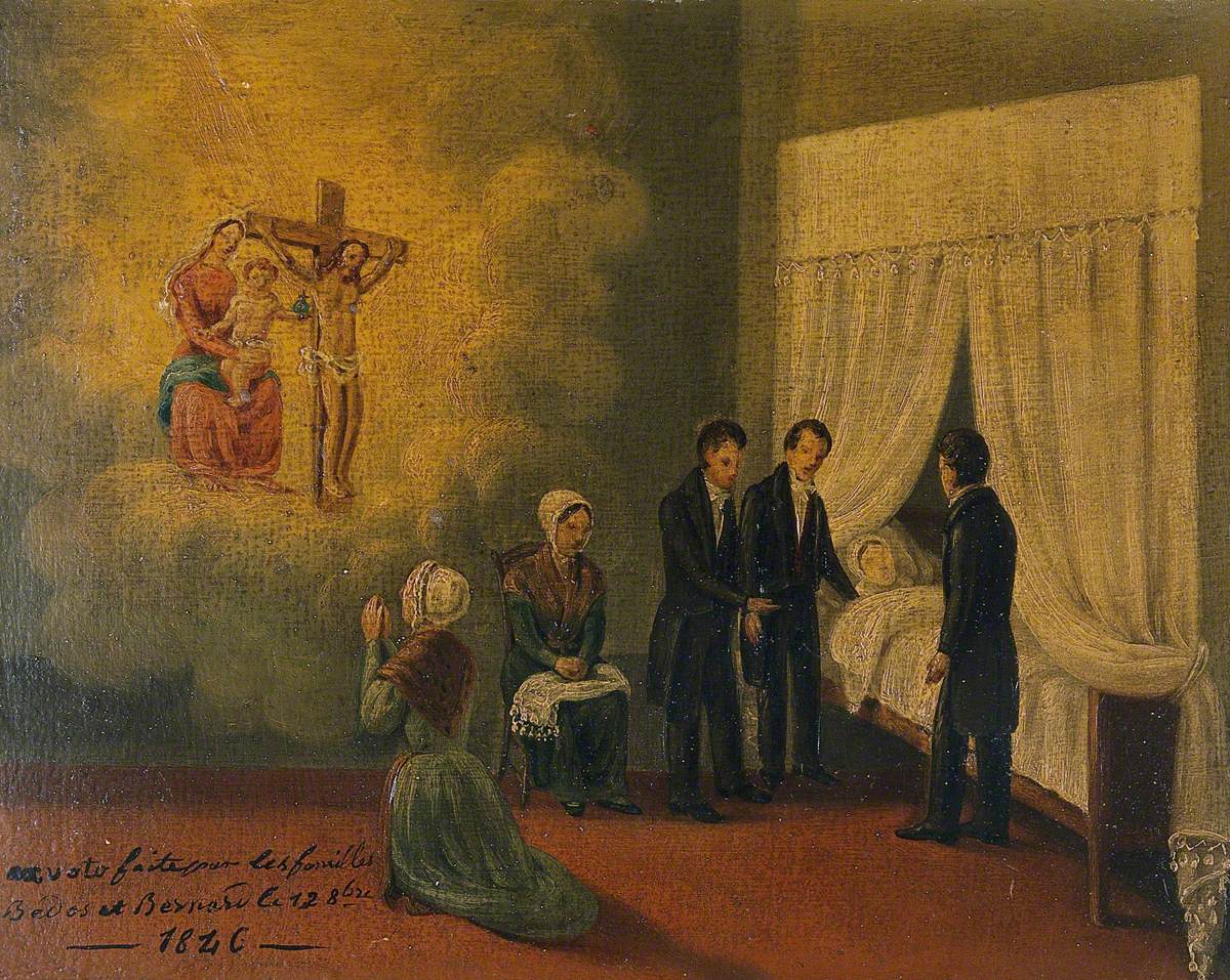 Votive Picture: A Woman Praying to the Virgin and to Christ Crucified for a Person in Bed