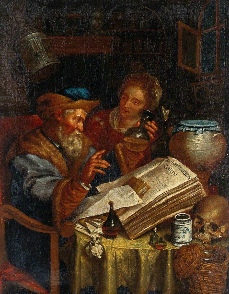 A Man Diagnosing from a Woman's Urine with the Aid of a Book by Galen