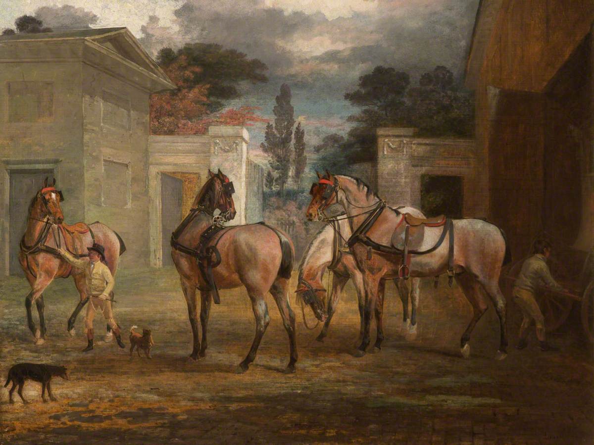 Four Roan Coach Horses with Two Grooms