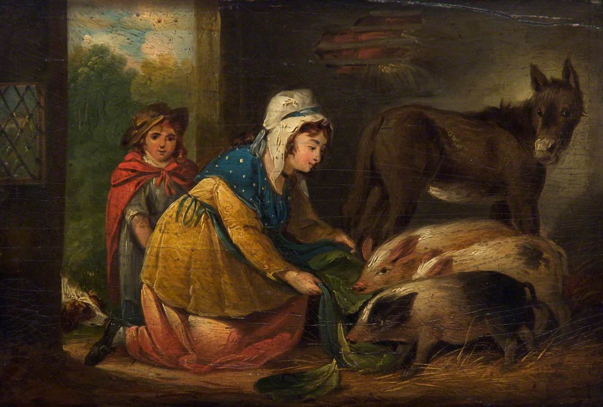 A Girl and a Woman Feeding Pigs