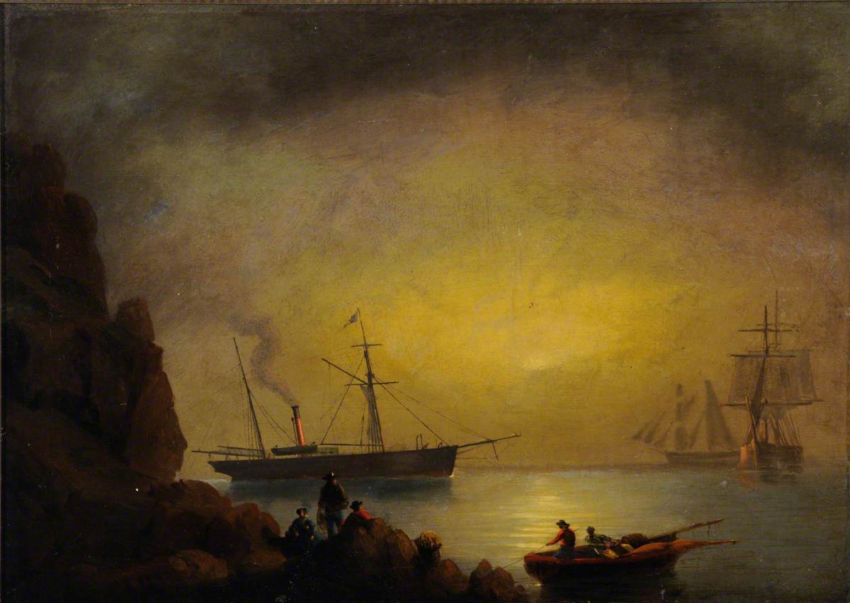 Steamship with Sail and Two Sailing Ships, with Figures