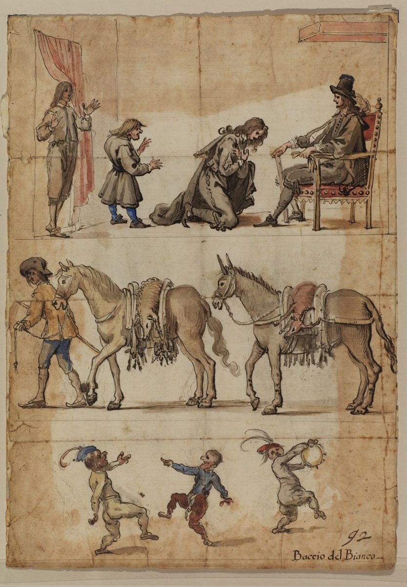 Studies of a Figure Kneeling before Another, Horses Returning from the Hunt and Cavorting Children