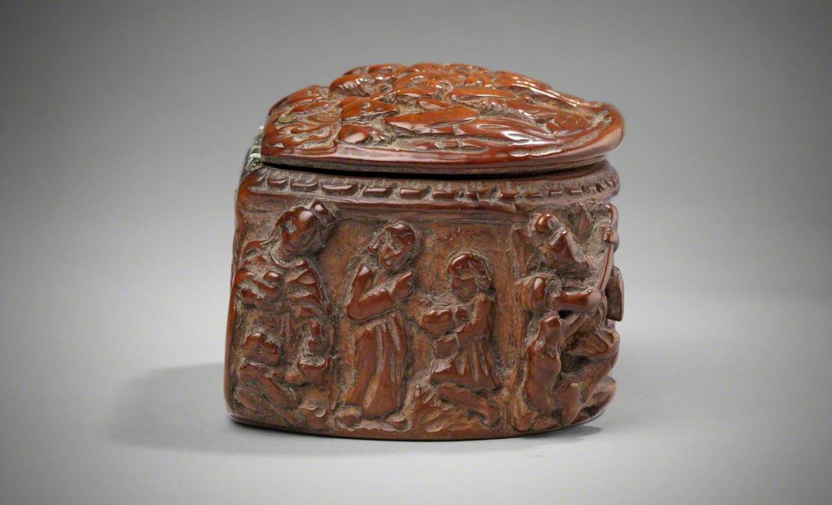 Pearwood Box with Hinged Lid, Probably a Pyx, Carved with Biblical Scenes and Other Subjects