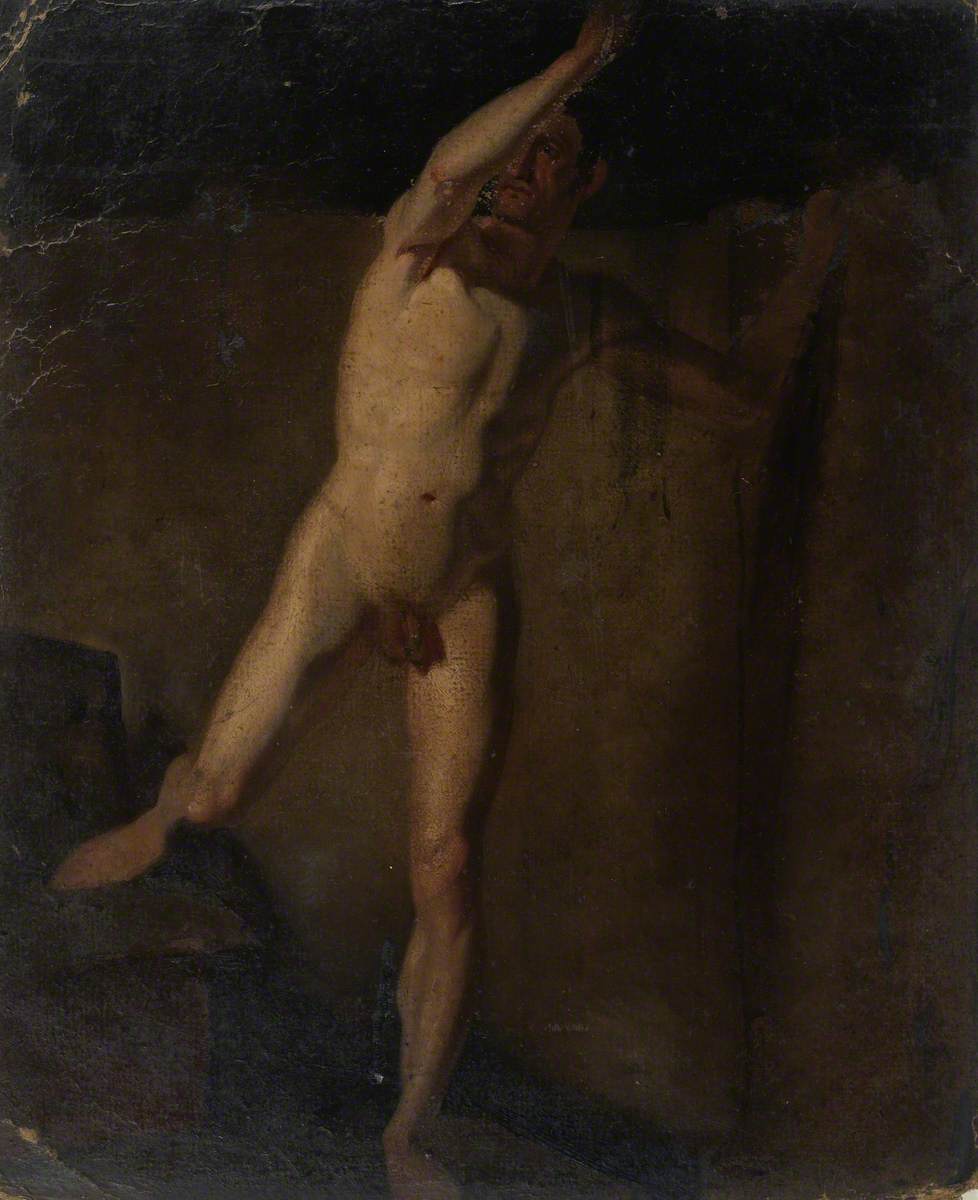 Standing Male Nude, Raised Right Arm, Right Foot Resting on Blocks