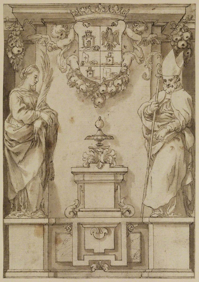 Design for a Title Page with Two Saints on Pedestals and an Imaginary Spanish Coat of Arms