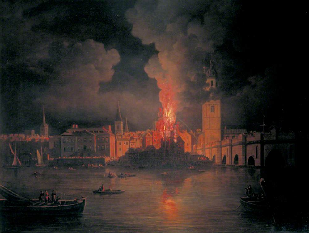 The Waterworks at London Bridge on Fire, 1779