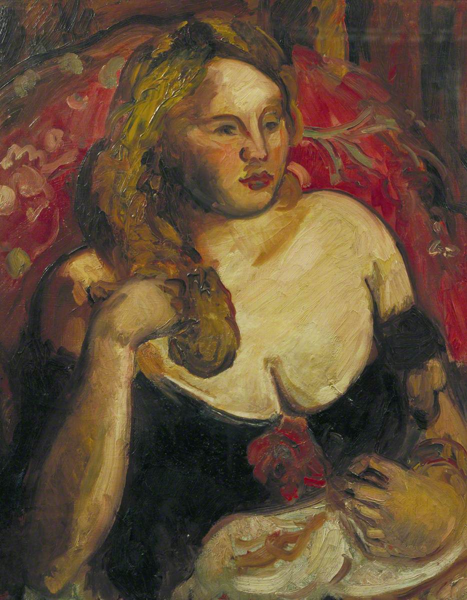 Girl in Black with Red Flowers