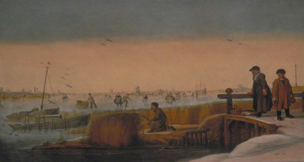 Winter Landscape with Figures on a Bridge, a Hunter and Skaters