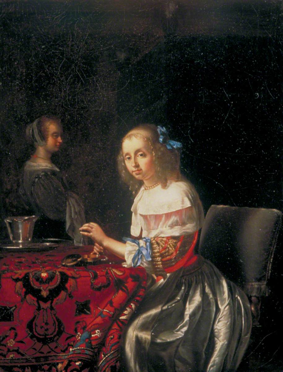 A Young Woman Stringing Pearls