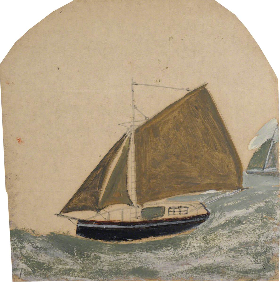 Two Ships with Brown-Green Sails in Rising Sea