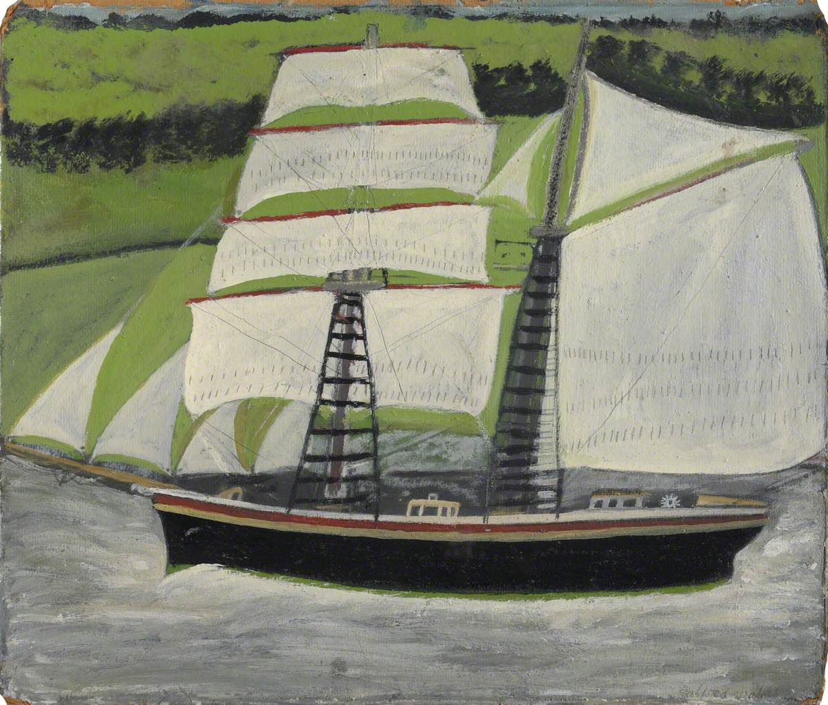 Brigantine Sailing Past Green Fields