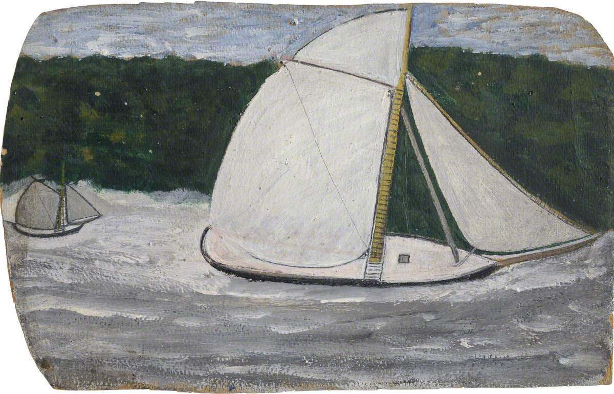 Boat with a Yellow Mast in Full Sail