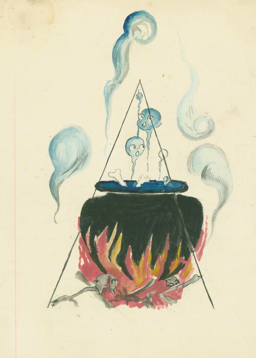 Cauldron with Faces in the Steam and Bones Sticking Out of the Pot