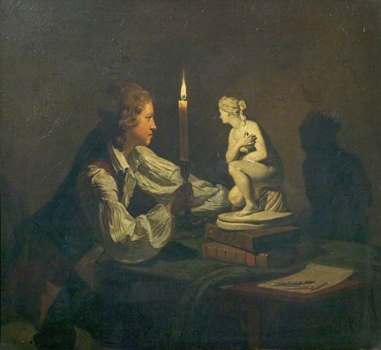 A Boy Admiring a Statuette by Candlelight