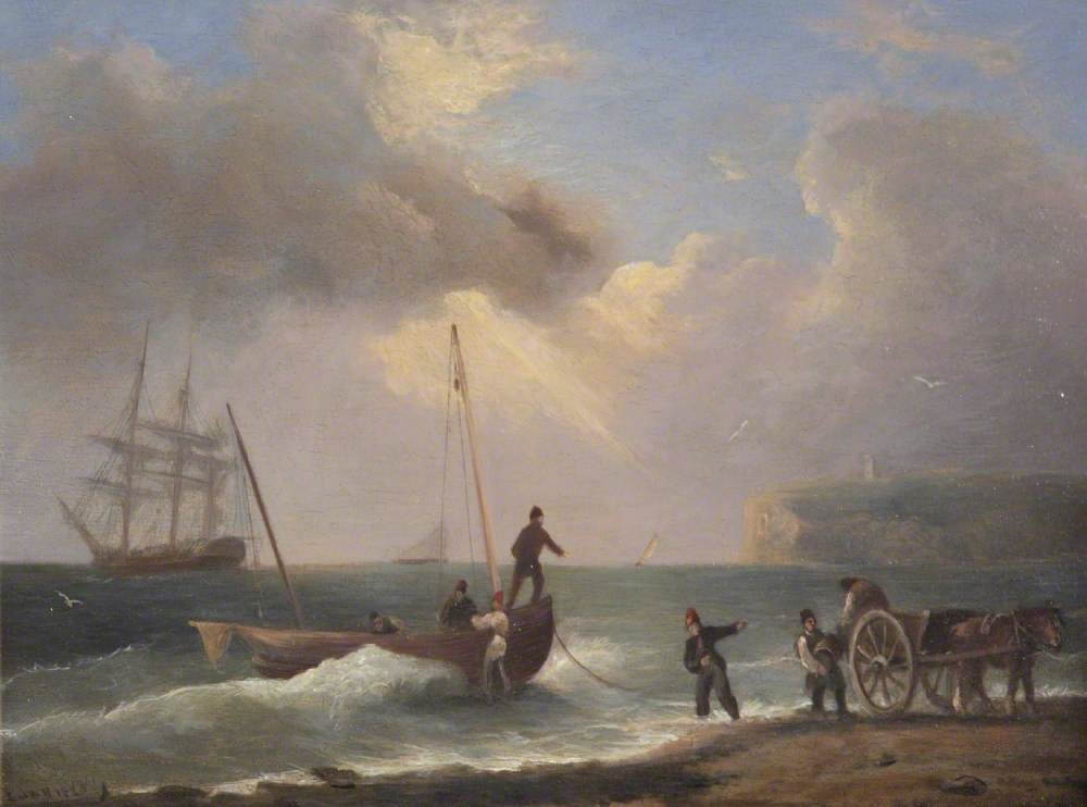 Figures on a Beach Unloading Barrels from a Small Boat
