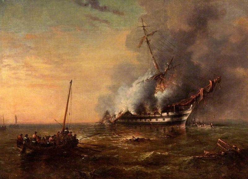 HMS 'Bombay' on Fire at Montevideo, Uruguay, 22 December 1824