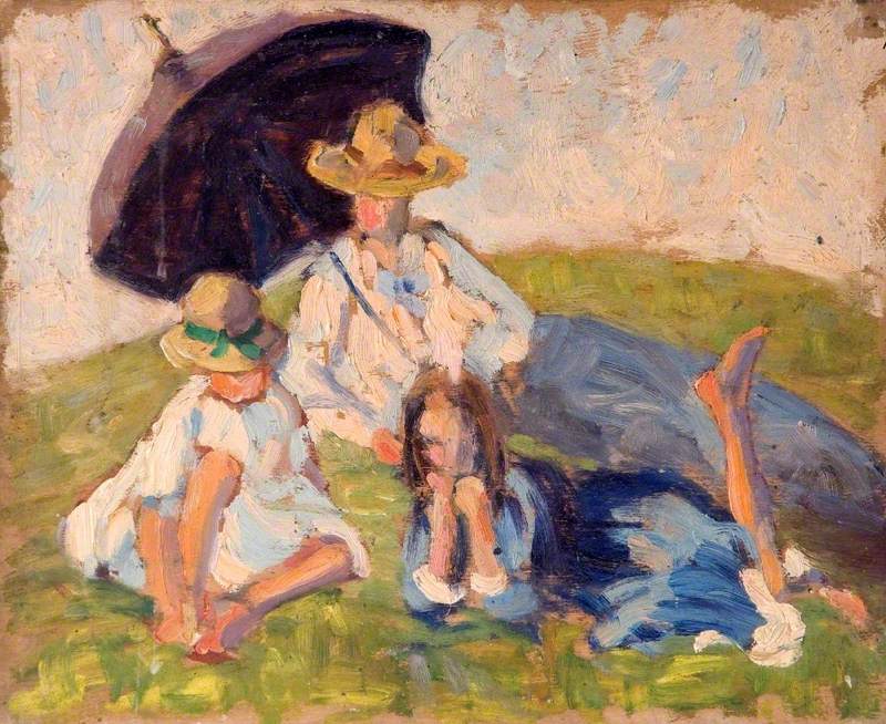 Woman and Children with an Umbrella