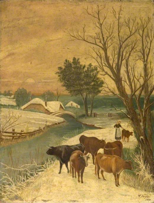 Snow Scene with a Bridge, Cows and a Woman with a Calf