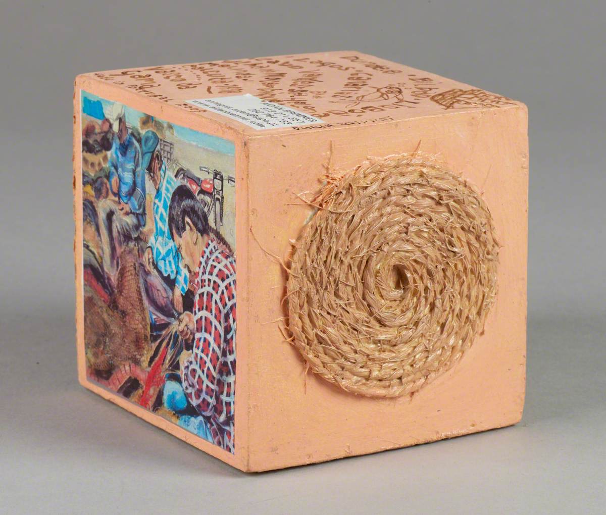 121 Linked Cubes: Cube, Painted Pink with Attached Jute Fibres and Twine