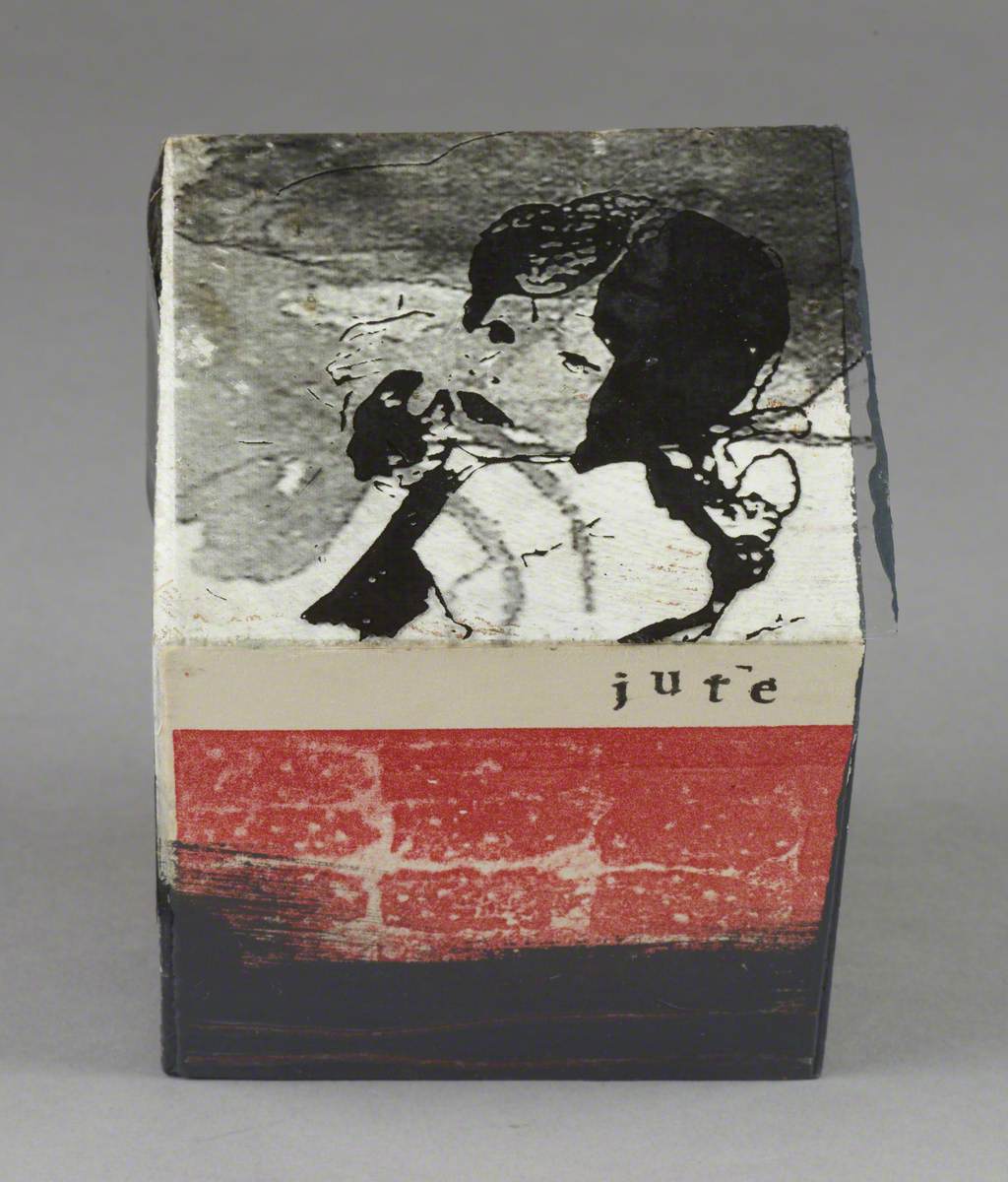 121 Linked Cubes: Cube with an Acetate Film Image of a Girl and Stencilled 'Jute'