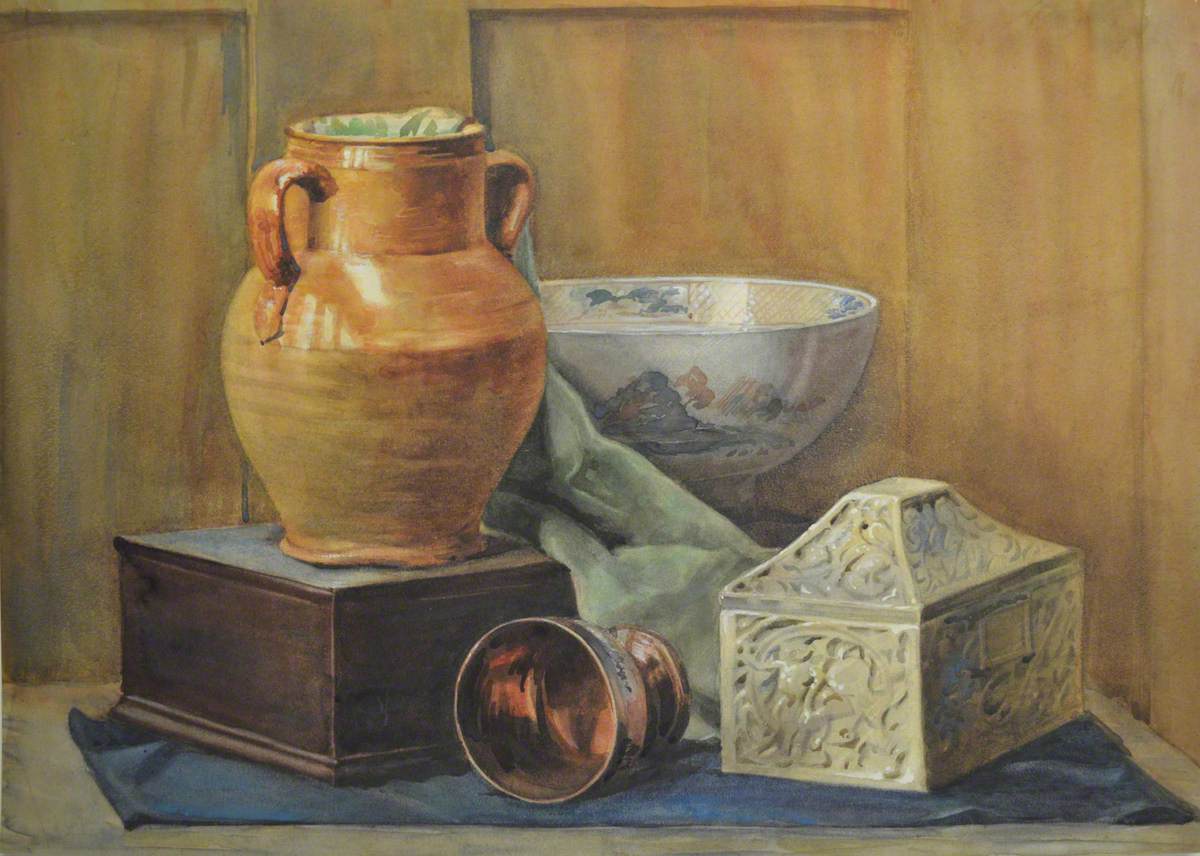 Still Life with Ceramic Vessels, Cloth and Box