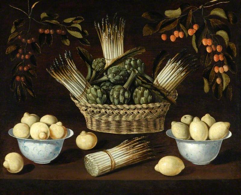 Still Life with Asparagus, Artichokes, Lemons and Cherries