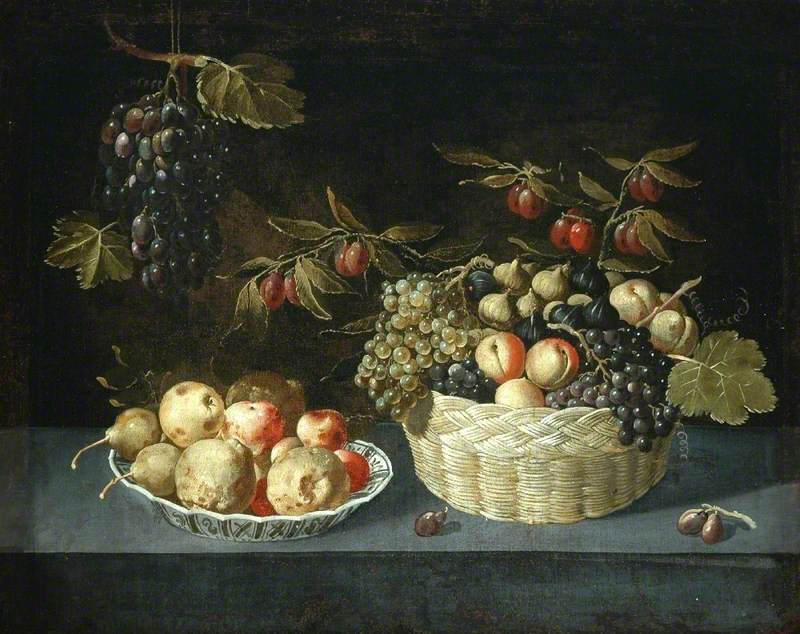 Still Life with a Basket and Dish of Fruit on a Ledge