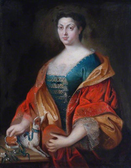 Portrait of a Lady in a Blue and Red Cloak from the Time of Louis XIV