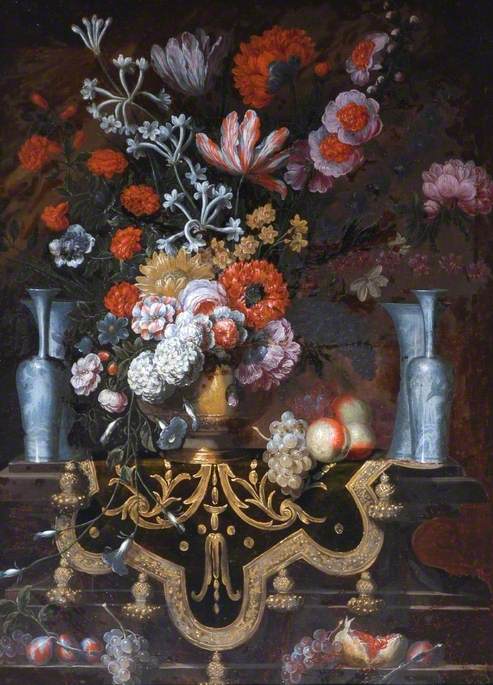 Flowers in a Gilt Vase with Porcelain Vases