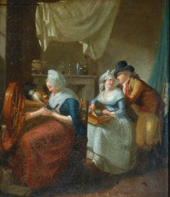 Interior, a Peasant Woman Spinning, Her Daughter Making Lace and Conversing with a Young Man