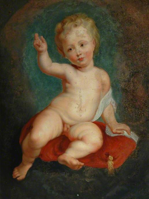 Child Seated on a Red Cushion
