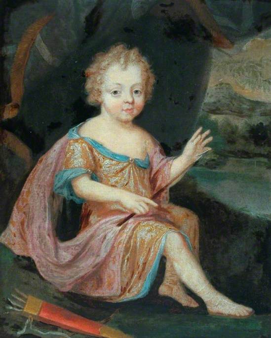 Young Boy as Cupid, Wearing a Red and Gold Dress