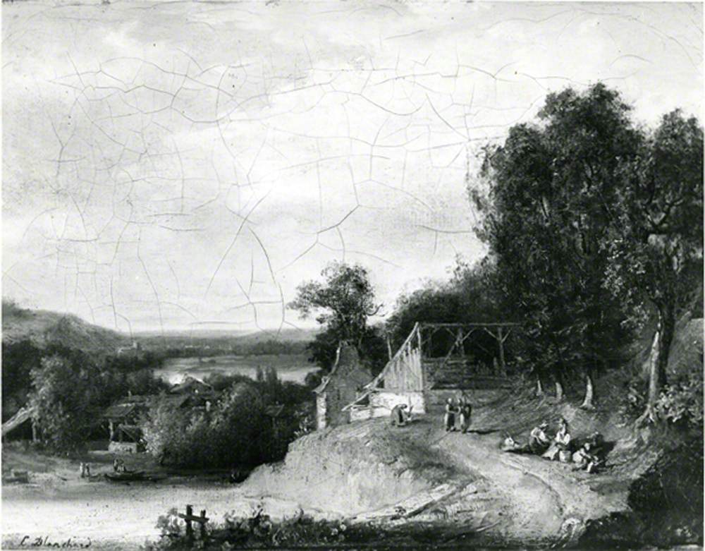 Woody Landscape with Buildings and Figures above a River