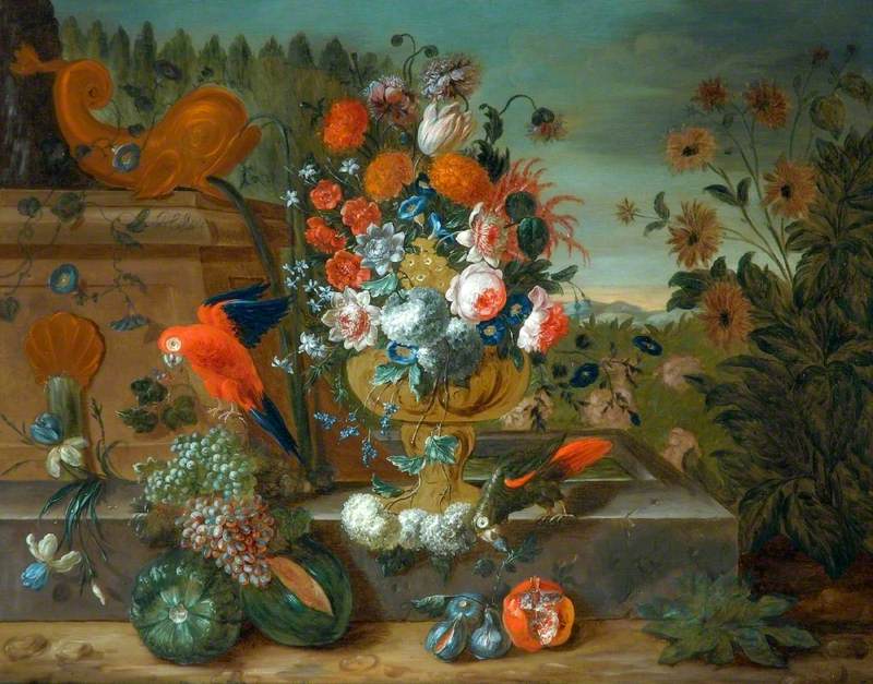 A Stone Vase of Flowers with Fruit and Two Parrots