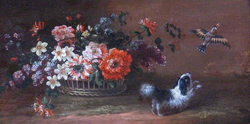 A Basket of Flowers with a Dog Chasing a Bird