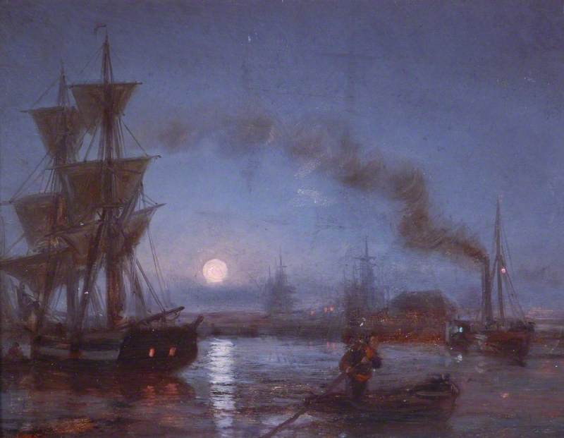 River with Shipping by Moonlight