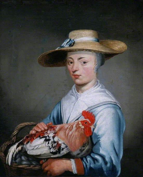 Woman with a Basket of Eggs and a Cockerel