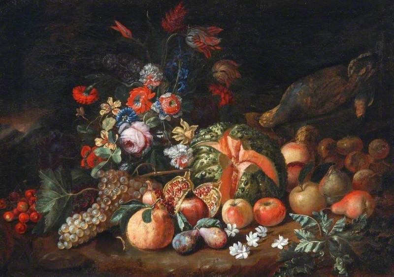 Still Life of Fruit and Flowers with a Split Watermelon