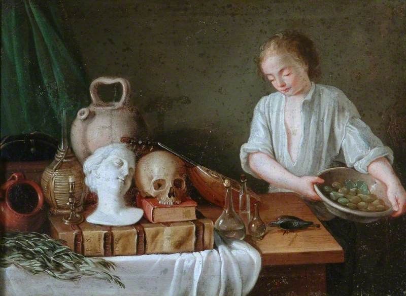 Still Life Group of a Bust, Vases and a Skull with a Boy Holding a Dish of Beans