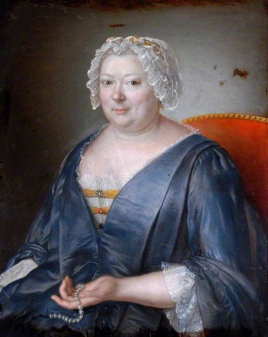 Portrait of a Middle-Aged Lady in Grey Holding a String of Pearls