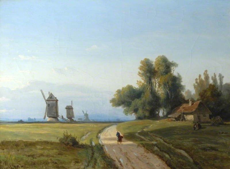 Landscape with Trees and a Cottage, Windmills in the Distance
