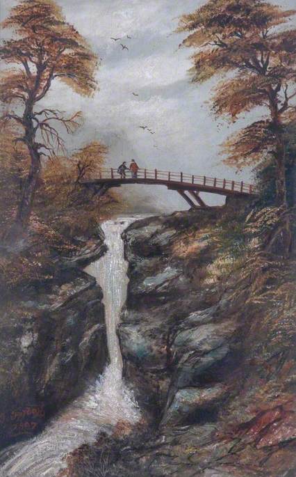 Figures on a Bridge above a Waterfall