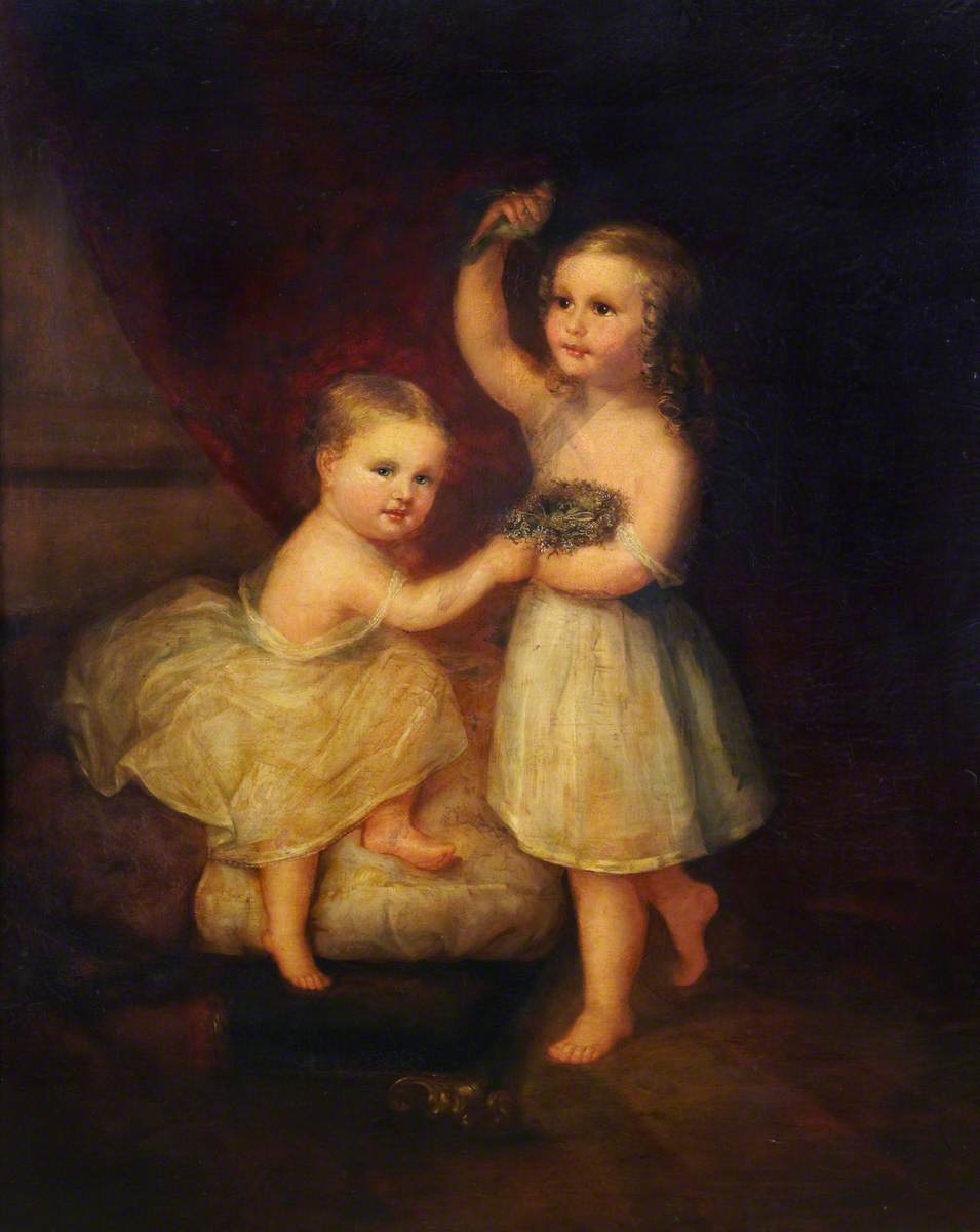Two Children Holding a Finch and a Bird's Nest