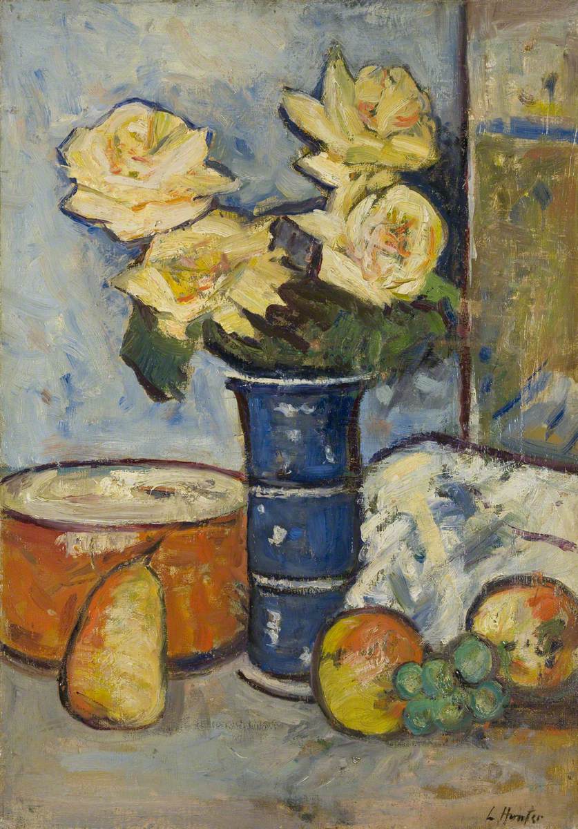 Still Life (Four Creamy Roses in a Blue Vase)