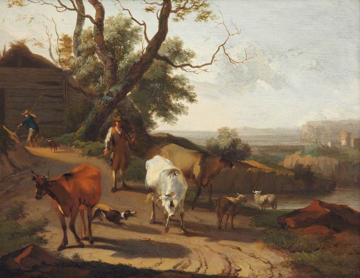 A Herdsman Driving Cattle down a Lane