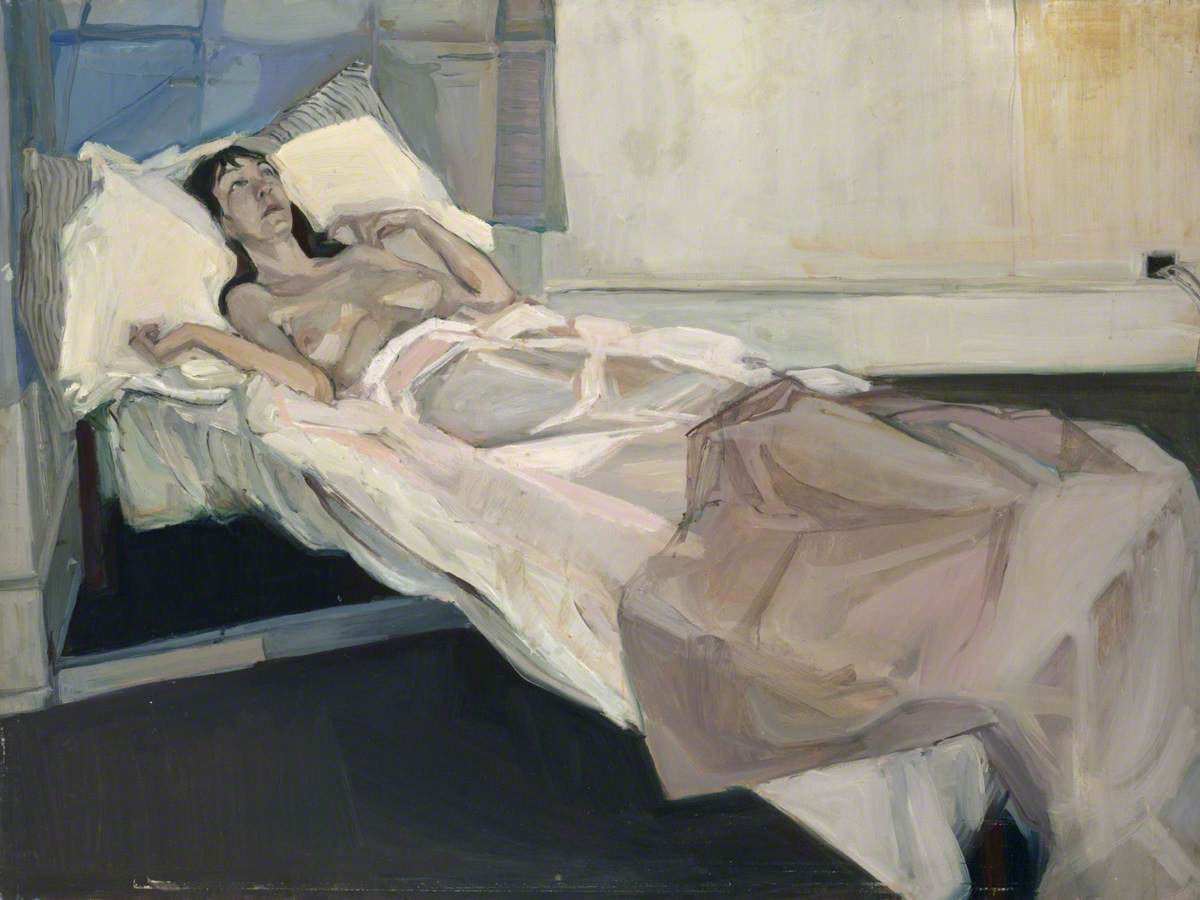 Reclining Female Nude on Bed with White Drapes
